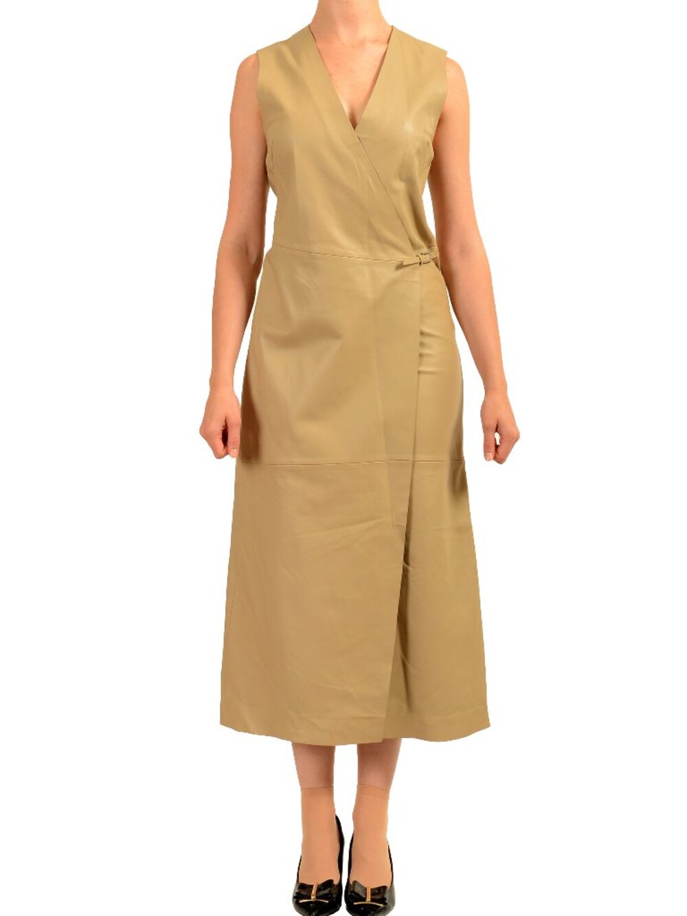 Hugo Boss Women's "Syesha" Beige Leather Sleeveless A-Line Dress US 2 IT 38